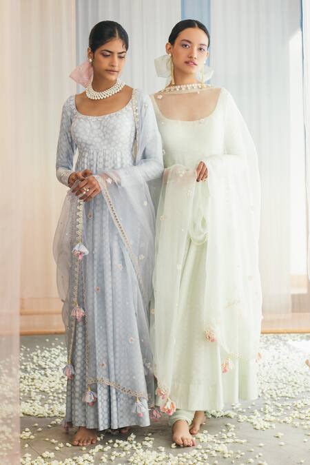 Buy Madzin Green Silk Blend Lining Shantoon Scoop Neck Printed Anarkali Set Online at Aza Fashions Buy_Madzin_Green Silk Blend Lining Shantoon Scoop Neck Printed Anarkali Set _Online_at_Aza_Fashions