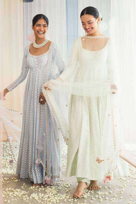 Shop Madzin Green Silk Blend Lining Shantoon Scoop Neck Printed Anarkali Set Online at Aza Fashions Shop_Madzin_Green Silk Blend Lining Shantoon Scoop Neck Printed Anarkali Set _Online_at_Aza_Fashions