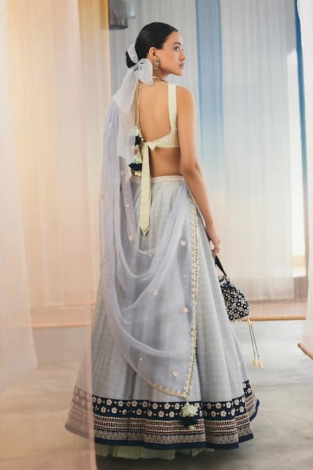 Shop Madzin Blue 20% Lycra, Blouse 80% , Skirt And Dupatta Lehenga Set at Aza Fashions Shop_Madzin_Blue 20% Lycra, Blouse 80% , Skirt And Dupatta Lehenga Set _at_Aza_Fashions