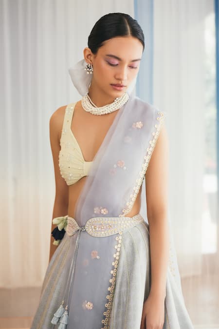 Shop Madzin Blue 20% Lycra, Blouse 80% , Skirt And Dupatta Lehenga Set Online at Aza Fashions Shop_Madzin_Blue 20% Lycra, Blouse 80% , Skirt And Dupatta Lehenga Set _Online_at_Aza_Fashions