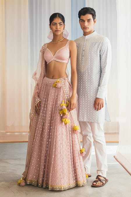 Shop Madzin Purple Silk Lining Shantoon Sweetheart Neck Lehenga Set at Aza Fashions Shop_Madzin_Purple Silk Lining Shantoon Sweetheart Neck Lehenga Set _at_Aza_Fashions