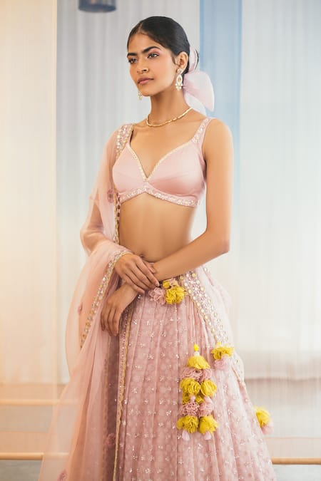 Madzin Purple Silk Lining Shantoon Sweetheart Neck Lehenga Set Online at Aza Fashions Madzin_Purple Silk Lining Shantoon Sweetheart Neck Lehenga Set _Online_at_Aza_Fashions