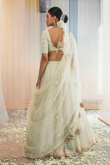 Madzin_Green 20% Lycra, Blouse 80% , Skirt And Dupatta  Lehenga Set _Online_at_Aza_Fashions