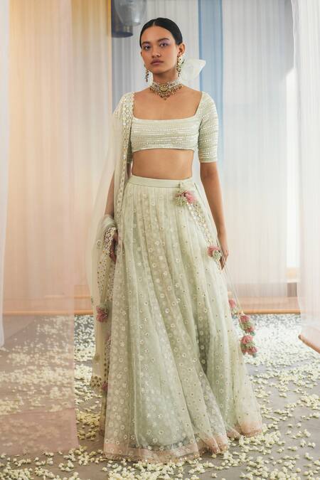 Shop_Madzin_Green 20% Lycra, Blouse 80% , Skirt And Dupatta  Lehenga Set _Online_at_Aza_Fashions