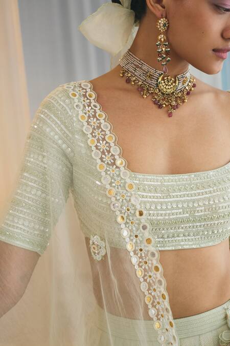 Madzin_Green 20% Lycra, Blouse 80% , Skirt And Dupatta  Lehenga Set _at_Aza_Fashions