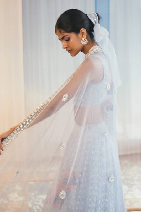 Shop Madzin Blue Silk Lining Shantoon Scoop Neck Bridal Lehenga Set at Aza Fashions Shop_Madzin_Blue Silk Lining Shantoon Scoop Neck Bridal Lehenga Set _at_Aza_Fashions