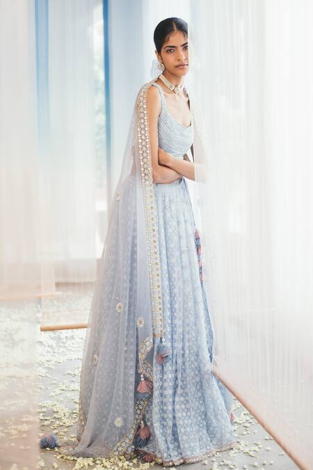 Buy Madzin Blue Silk Lining Shantoon Scoop Neck Bridal Lehenga Set Online at Aza Fashions Buy_Madzin_Blue Silk Lining Shantoon Scoop Neck Bridal Lehenga Set _Online_at_Aza_Fashions