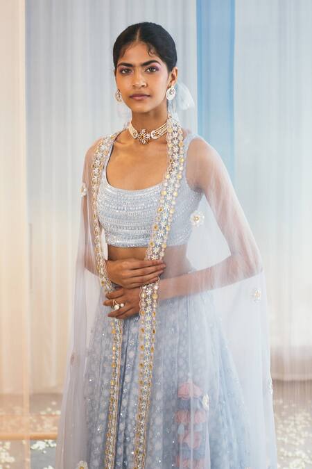 Shop Madzin Blue Silk Lining Shantoon Scoop Neck Bridal Lehenga Set Online at Aza Fashions Shop_Madzin_Blue Silk Lining Shantoon Scoop Neck Bridal Lehenga Set _Online_at_Aza_Fashions