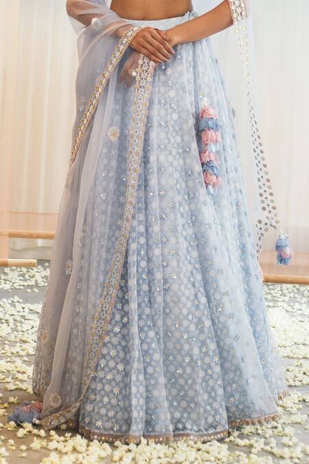 Madzin Blue Silk Lining Shantoon Scoop Neck Bridal Lehenga Set at Aza Fashions Madzin_Blue Silk Lining Shantoon Scoop Neck Bridal Lehenga Set _at_Aza_Fashions