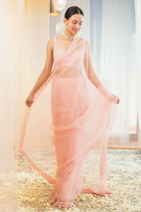 Madzin_Pink 20% Lycra And Saree  Organza, Blouse  80% Embroidered With _Online_at_Aza_Fashions