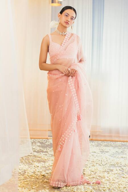 Buy_Madzin_Pink 20% Lycra And Saree  Organza, Blouse  80% Embroidered With _Online_at_Aza_Fashions