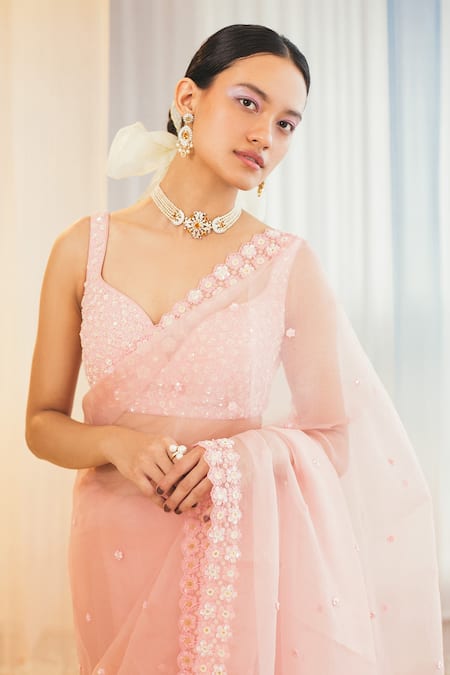 Shop_Madzin_Pink 20% Lycra And Saree  Organza, Blouse  80% Embroidered With _Online_at_Aza_Fashions