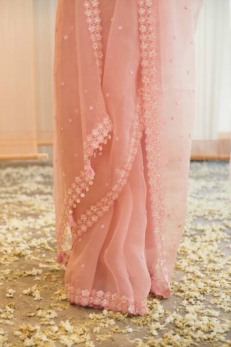 Madzin_Pink 20% Lycra And Saree  Organza, Blouse  80% Embroidered With _at_Aza_Fashions