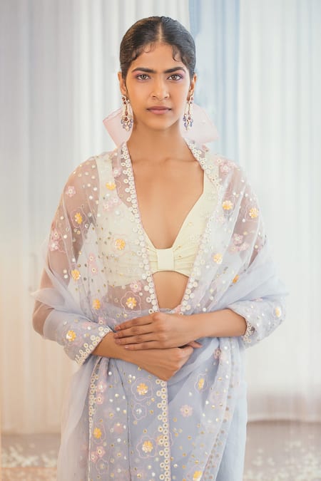 Buy_Madzin_Blue Blouse  80% Silk Embellished Sweetheart Neck Embroidered Saree With _Online_at_Aza_Fashions