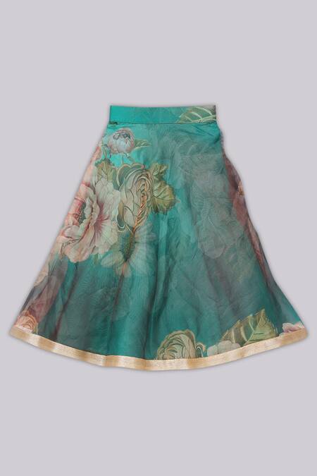 Buy_Free Sparrow_Blue Organza, Canvas, Silk Embroidery Printed Lehenga Set_Online_at_Aza_Fashions