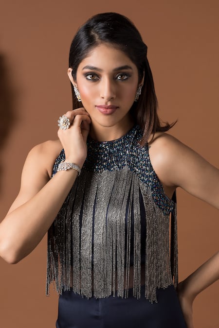 Mehak Murpana_Blue Milano Satin Round Embroidered Flared Jumpsuit _Online_at_Aza_Fashions