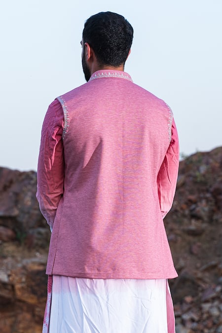 Shop_Soniya G_Pink Silk Thread Work, Bandhani Tie Dye Kurta Jacket Set_Online_at_Aza_Fashions