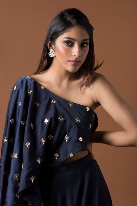 Mehak Murpana_Blue Milano Satin One Shoulder Cape Blouse And Lehenga Set _Online_at_Aza_Fashions