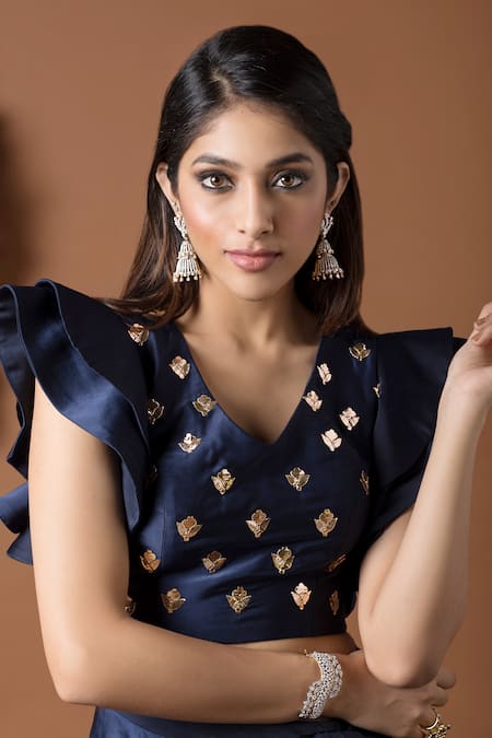 Mehak Murpana_Blue Milano Satin V Neck Embroidered Top And Dhoti Skirt Set _Online_at_Aza_Fashions