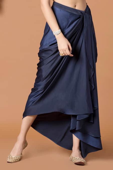 Buy_Mehak Murpana_Blue Milano Satin V Neck Embroidered Top And Dhoti Skirt Set _Online_at_Aza_Fashions