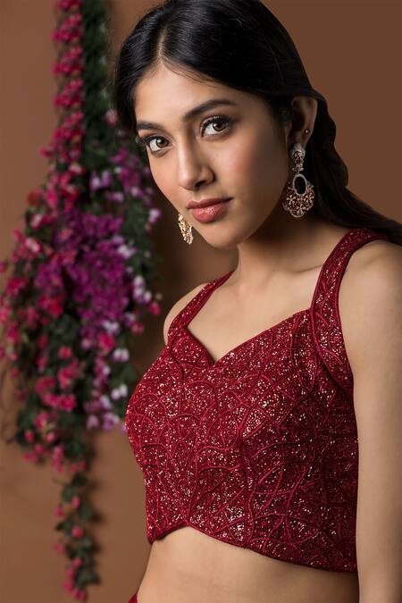 Mehak Murpana_Red Milano Satin Halter Layered Lehenga Set_Online_at_Aza_Fashions