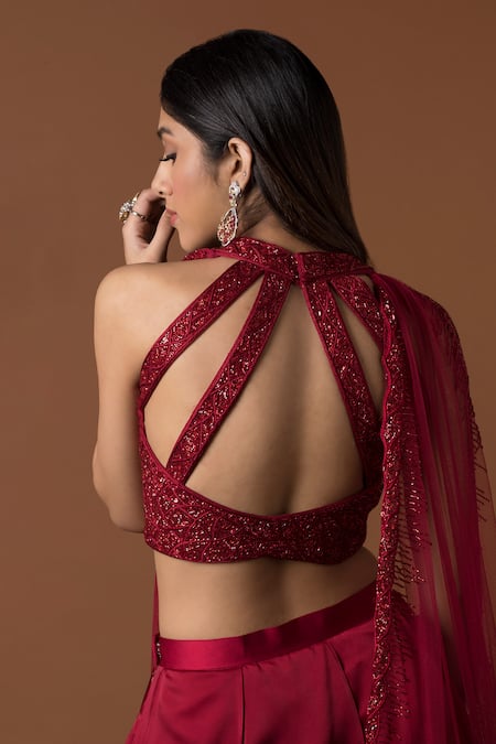 Buy_Mehak Murpana_Red Milano Satin Halter Layered Lehenga Set_Online_at_Aza_Fashions