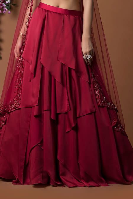 Shop_Mehak Murpana_Red Milano Satin Halter Layered Lehenga Set_Online_at_Aza_Fashions