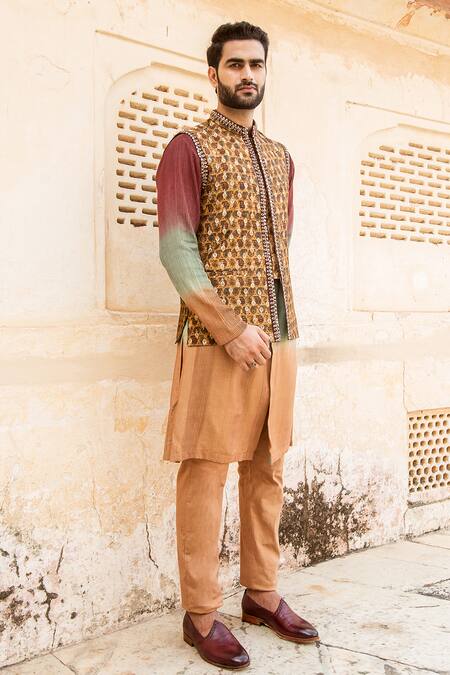 Soniya G_Beige Silk Kurta Set With Bundi_Online_at_Aza_Fashions