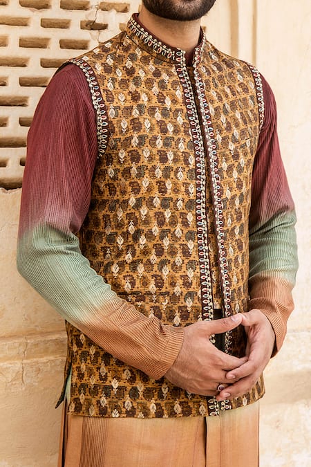 Shop_Soniya G_Beige Silk Kurta Set With Bundi_Online_at_Aza_Fashions