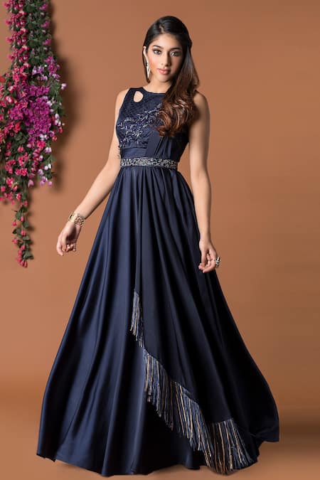 Mehak Murpana Blue Milano Satin Embroidery Round Embellished Draped Gown