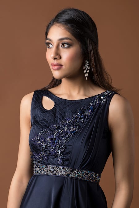 Mehak Murpana_Blue Milano Satin Embroidery Round Embellished Draped Gown _Online_at_Aza_Fashions