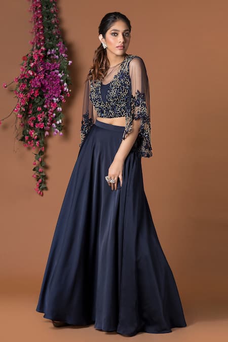 Shop Mehak Murpana Blue Milano Satin Round Embroidered Blouse And Lehenga Set at Aza Fashions Shop_Mehak Murpana_Blue Milano Satin Round Embroidered Blouse And Lehenga Set_at_Aza_Fashions
