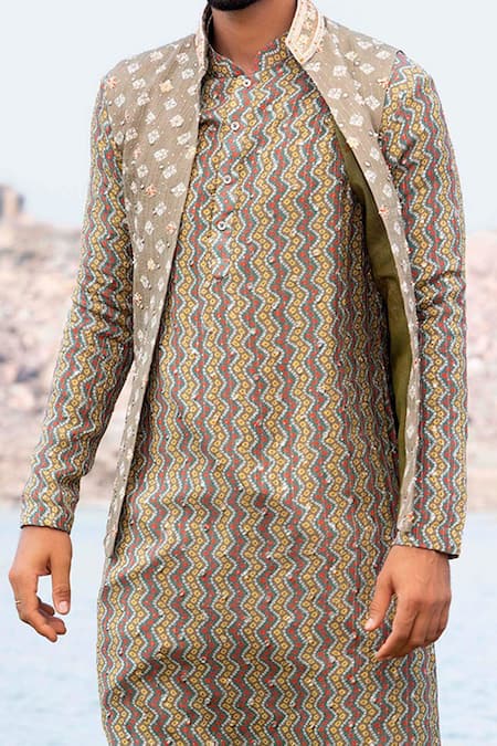 Shop_Soniya G_Green Silk Bandhani Jacket Kurta Set_Online_at_Aza_Fashions