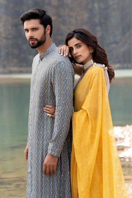 Soniya G Blue Silk Mirror Work Bandhani Kurta Set Online at Aza Fashions Soniya G_Blue Silk Mirror Work Bandhani Kurta Set _Online_at_Aza_Fashions
