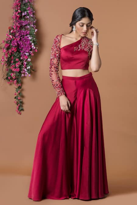 Shop_Mehak Murpana_Red Milano Satin One Shoulder Embroidered Top And Flared Pant _at_Aza_Fashions