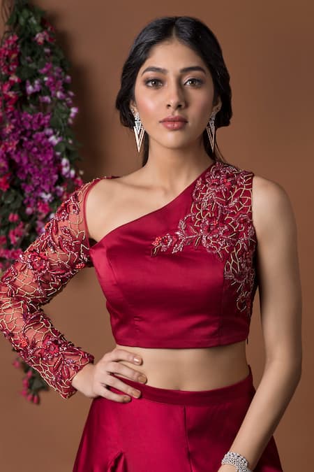Mehak Murpana_Red Milano Satin One Shoulder Embroidered Top And Flared Pant _Online_at_Aza_Fashions