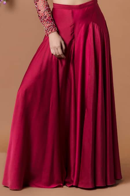 Buy Mehak Murpana Red Milano Satin One Shoulder Embroidered Top And Flared Pant Online at Aza Fashions Buy_Mehak Murpana_Red Milano Satin One Shoulder Embroidered Top And Flared Pant _Online_at_Aza_Fashions