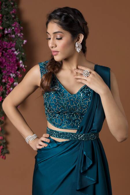 Mehak Murpana_Blue Milano Satin V Neck Draped Pant Saree With Blouse_Online_at_Aza_Fashions