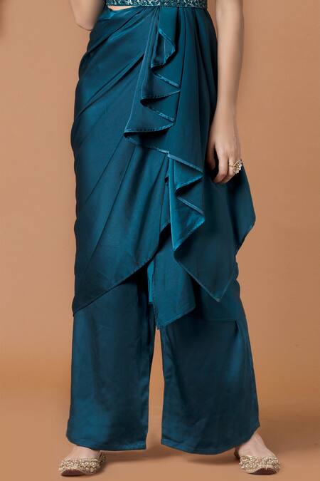 Buy_Mehak Murpana_Blue Milano Satin V Neck Draped Pant Saree With Blouse_Online_at_Aza_Fashions