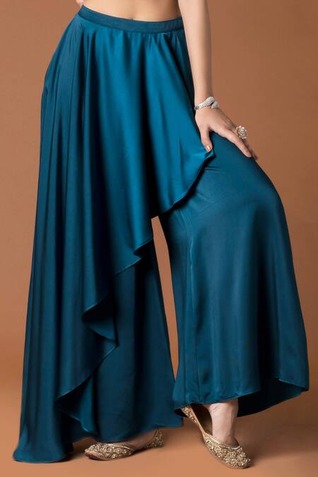Buy_Mehak Murpana_Blue Milano Satin Round Embroidered Top And Draped Pant Set_Online_at_Aza_Fashions