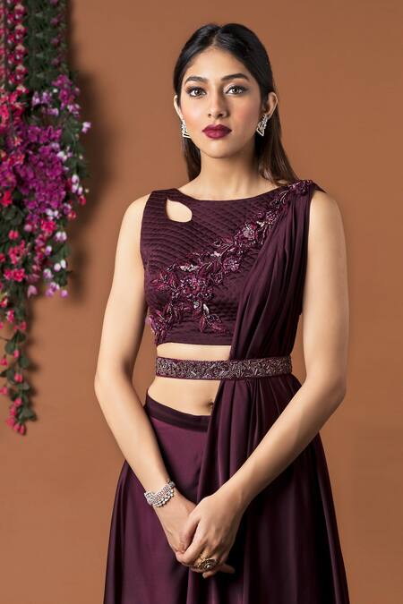 Mehak Murpana_Maroon Milano Satin Round Embroidered Top And Palazzo Set _Online_at_Aza_Fashions