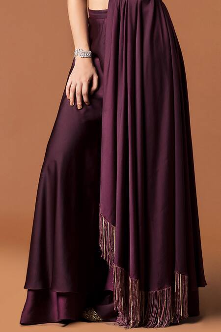 Buy_Mehak Murpana_Maroon Milano Satin Round Embroidered Top And Palazzo Set _Online_at_Aza_Fashions