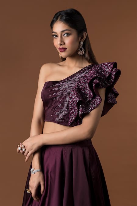 Mehak Murpana Maroon Milano Satin One Shoulder Blouse And Lehenga Set Online at Aza Fashions Mehak Murpana_Maroon Milano Satin One Shoulder Blouse And Lehenga Set _Online_at_Aza_Fashions