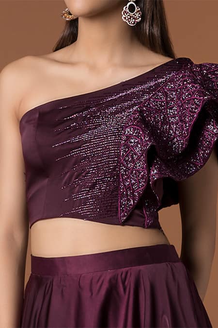 Buy Mehak Murpana Maroon Milano Satin One Shoulder Blouse And Lehenga Set Online at Aza Fashions Buy_Mehak Murpana_Maroon Milano Satin One Shoulder Blouse And Lehenga Set _Online_at_Aza_Fashions