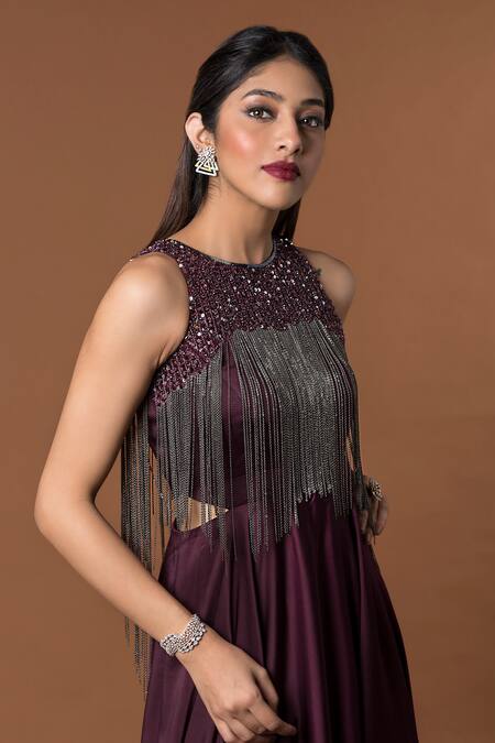 Mehak Murpana_Maroon Milano Satin Round Embroidered Layered Gown _Online_at_Aza_Fashions