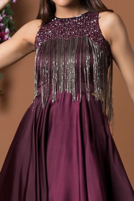 Buy_Mehak Murpana_Maroon Milano Satin Round Embroidered Layered Gown _Online_at_Aza_Fashions