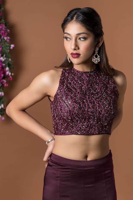 Mehak Murpana_Maroon Milano Satin Round Embroidered Crop Top And Skirt Set _Online_at_Aza_Fashions