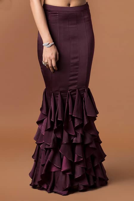 Buy_Mehak Murpana_Maroon Milano Satin Round Embroidered Crop Top And Skirt Set _Online_at_Aza_Fashions