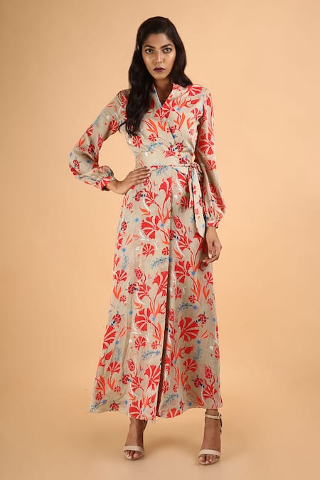 SAKSHAM & NEHARICKA Beige Cotton Silk Lapel Printed Wrap Dress 