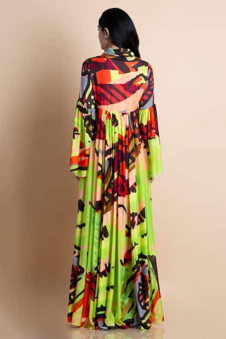 Shop Saksham & Neharicka Multi Color Cotton Silk Cowl Printed Maxi Dress at Aza Fashions Shop_Saksham & Neharicka_Multi Color Cotton Silk Cowl Printed Maxi Dress _at_Aza_Fashions